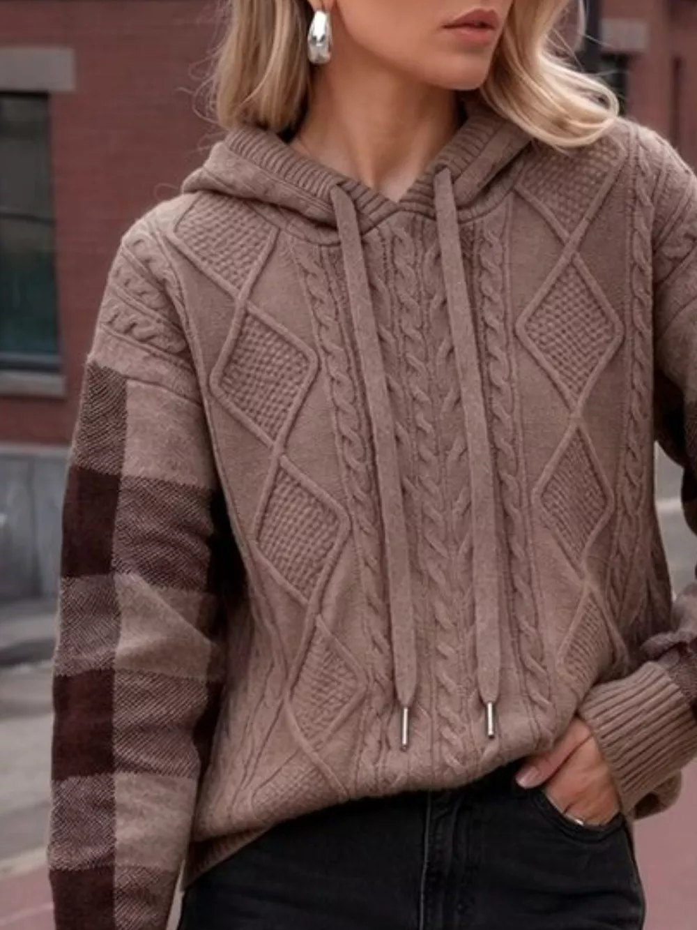 Cable-Knit Plaid Sleeves Hooded Sweater, image 7