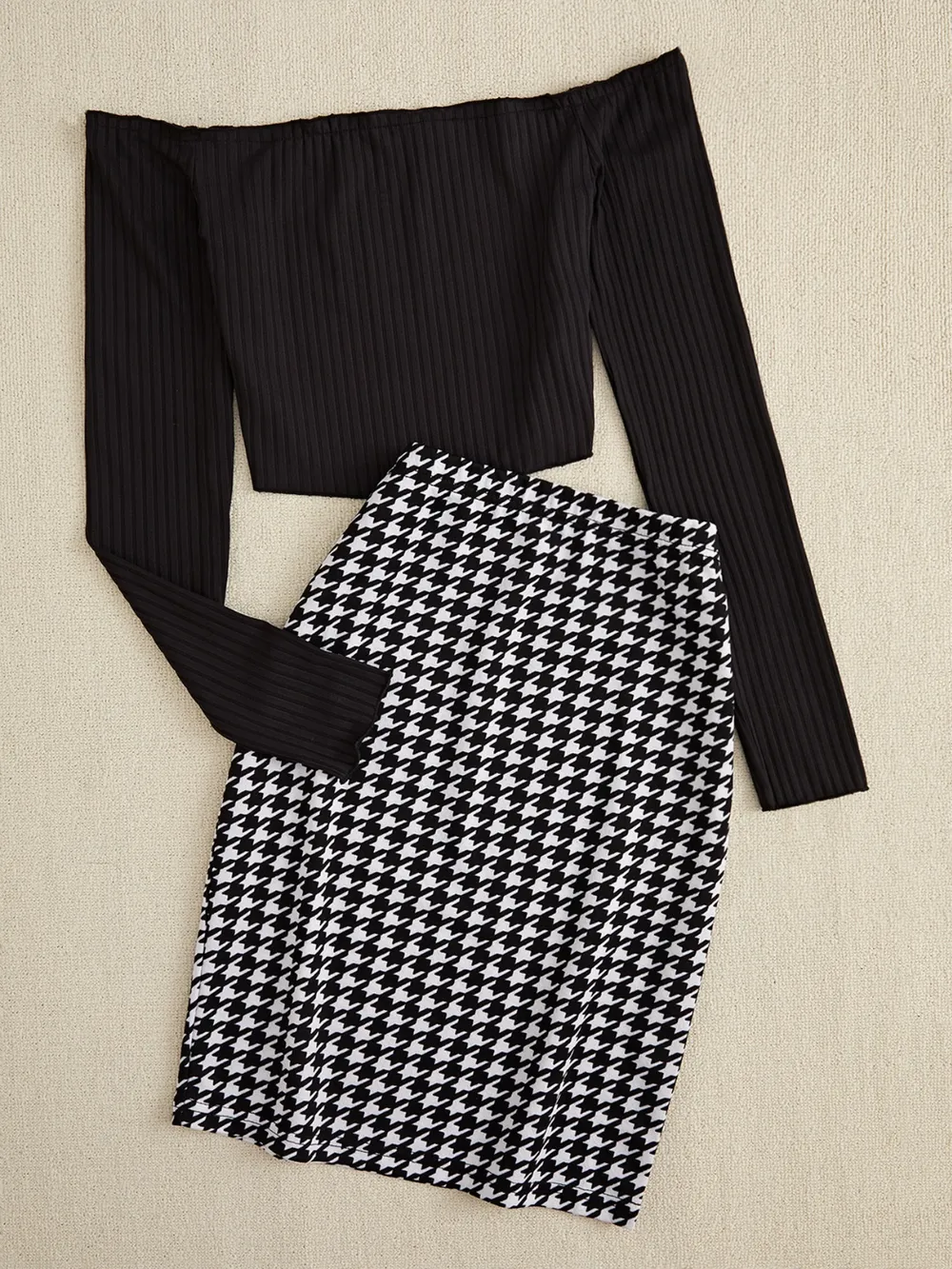 Off-Shoulder Long Sleeve Top and Houndstooth Skirt Set, image 2