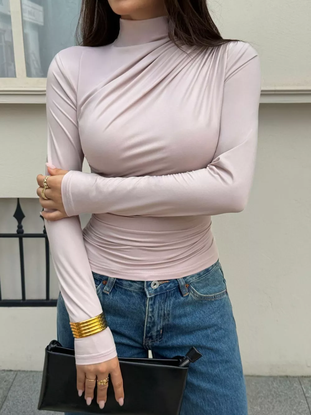 Mock Neck Ruched Slim-Fit Long Sleeve T-Shirt, image 3