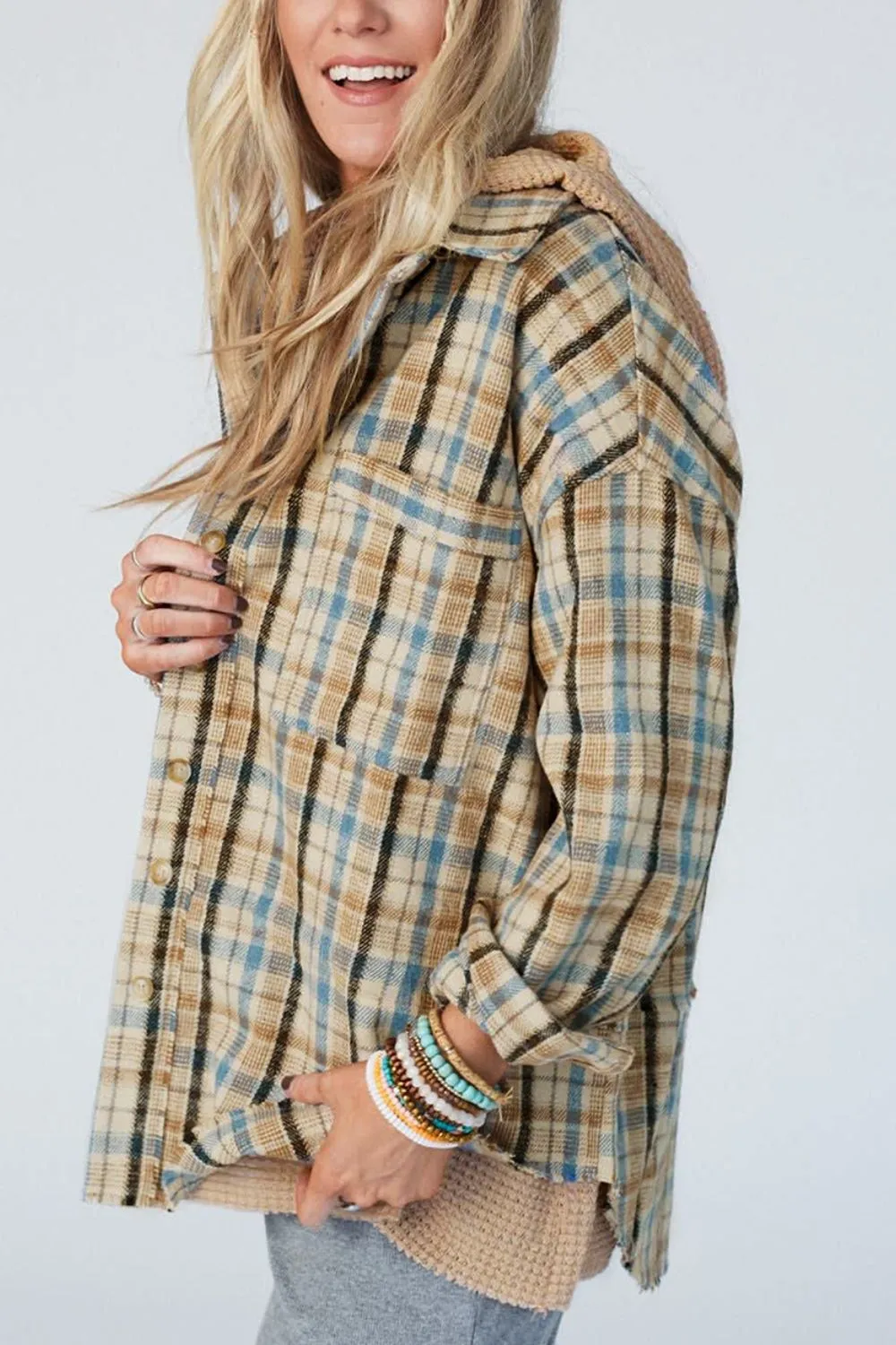 Drawstring Waffle Knit Patchwork Hooded Plaid Shacket, image 4
