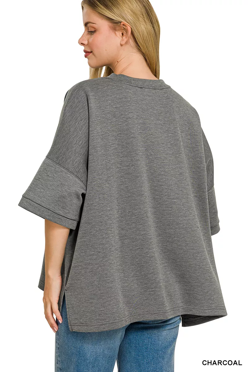 Full Size Scuba Round Neck Top With Side Slits Plus Size, image 3