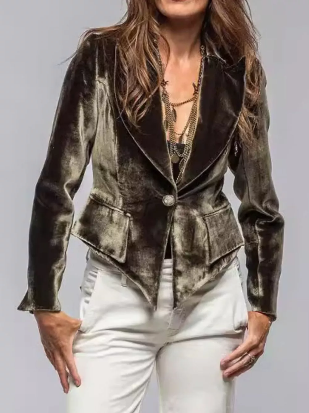 Velvet Lapel Collar One Button Blazer, image 11