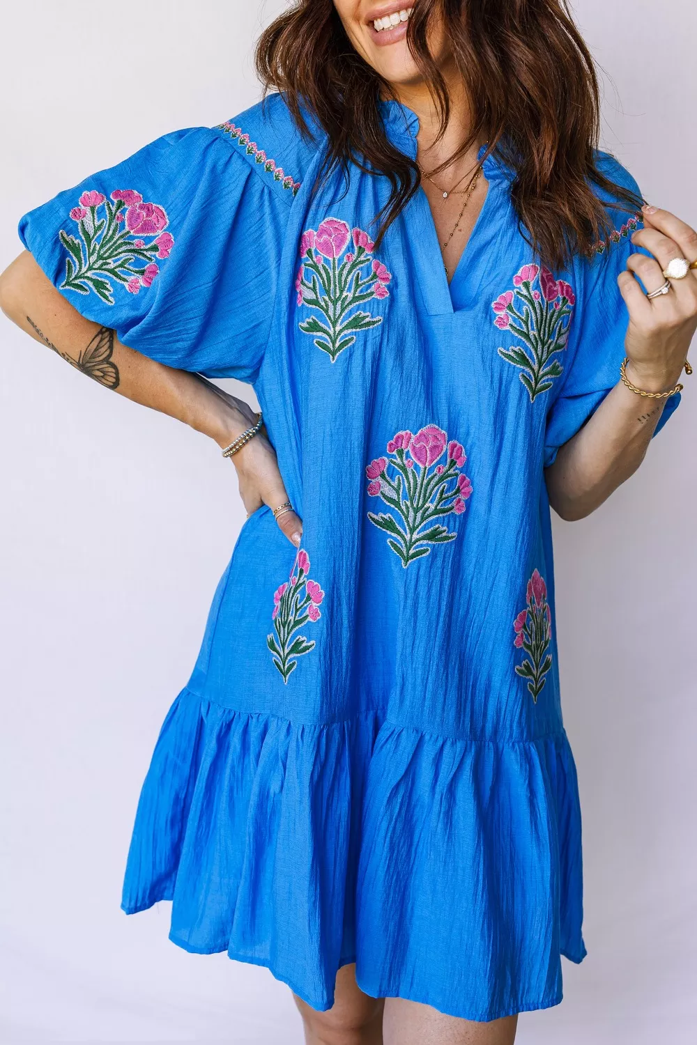 Flower Embroidered Split Neck Short Puff Sleeve Ruffle Hem Dress, image 4