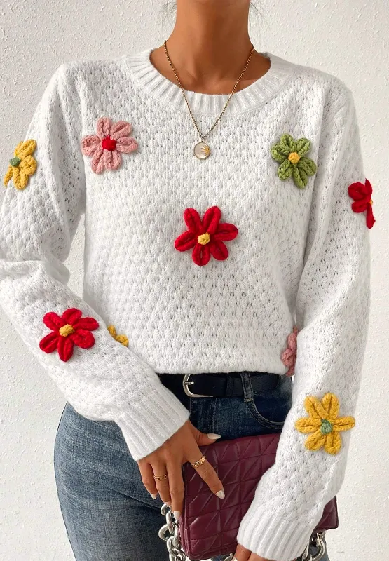 Crochet Flower Round Neck Long Sleeve Sweater, image 10