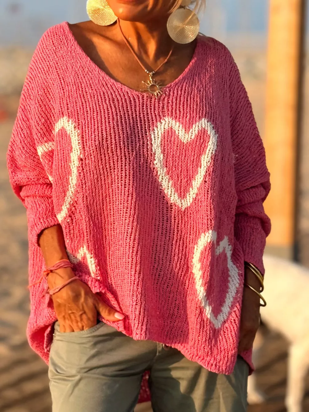 Heart V-Neck Dropped Shoulder Sweater, image 15