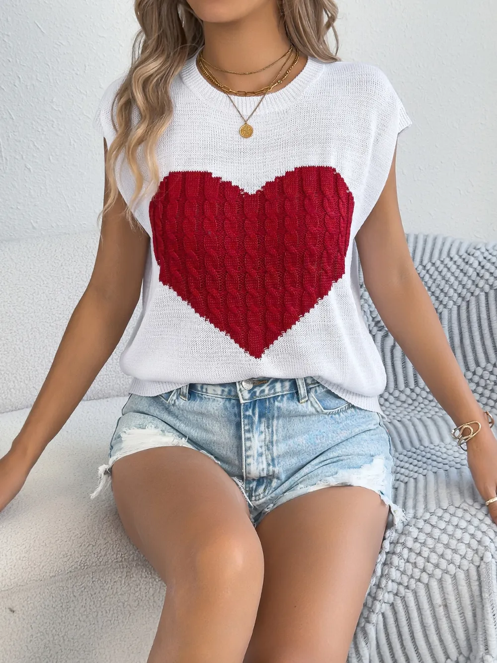 Cable Knit Heart Round Neck Cap Sleeve Knit Top, image 13