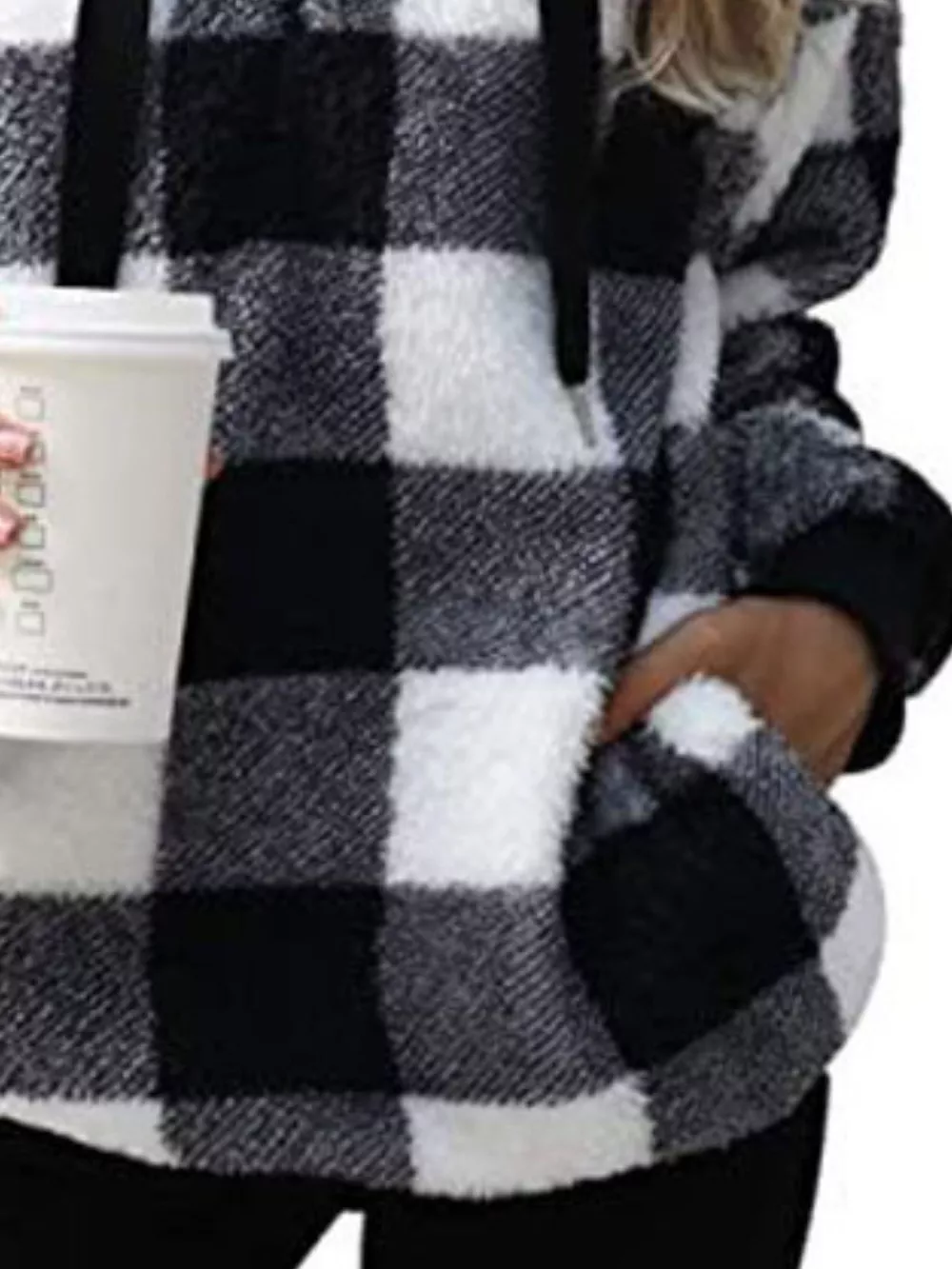 Full Size Plaid Sherpa Drawstring Hoodie Plus Size, image 8
