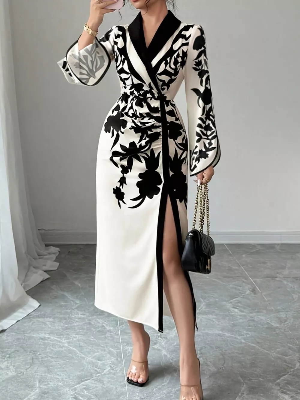 Slit Long Sleeve Wrap Midi Dress