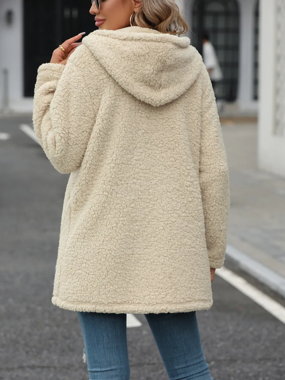 Fuzzy Zip Up Long Sleeve Hooded Jacket, image 3