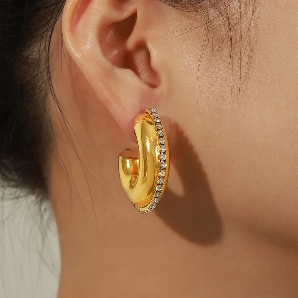Titanium Steel Inlaid Zircon C-Hoop Earrings, image 6