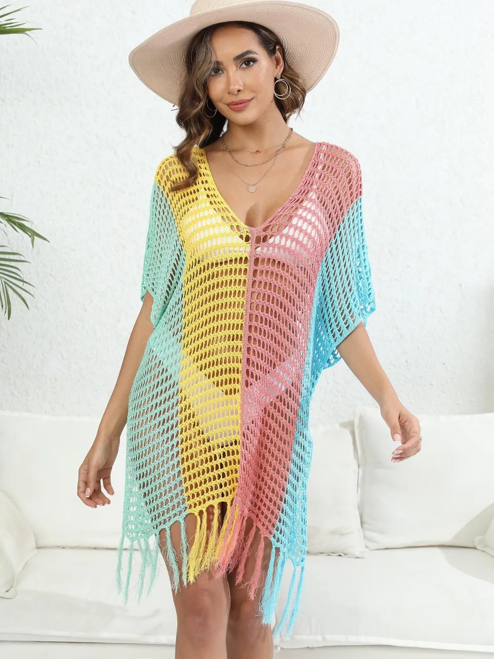 Fringe Color Block Scoop Neck Cover Up, image 5