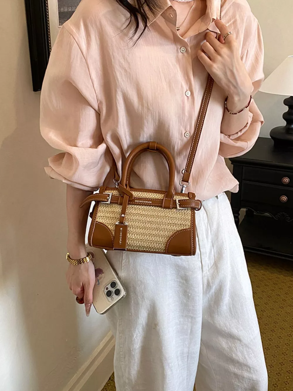 Leather Trim Woven Crossbody Bag, image 8