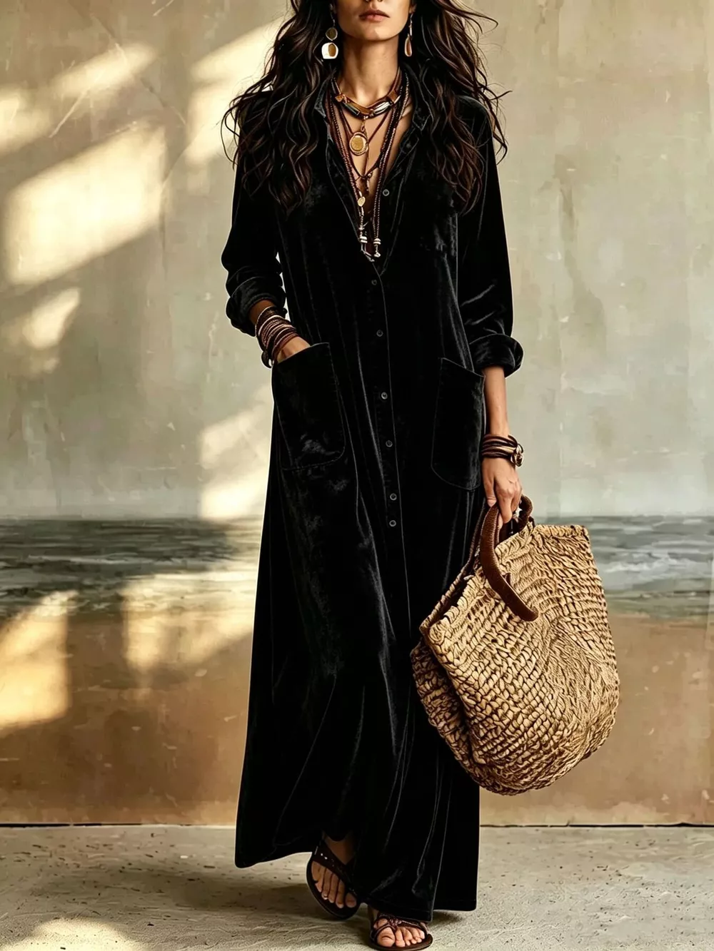 Bohemian Velvet Button-Down Maxi Dress, image 7