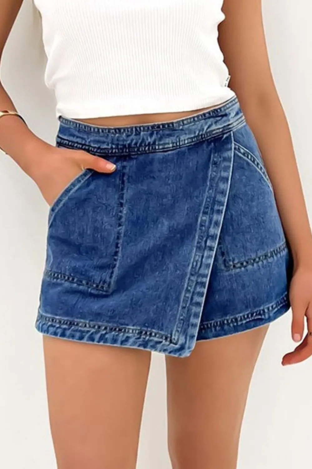 Asymmetrical Denim Skort with Pockets