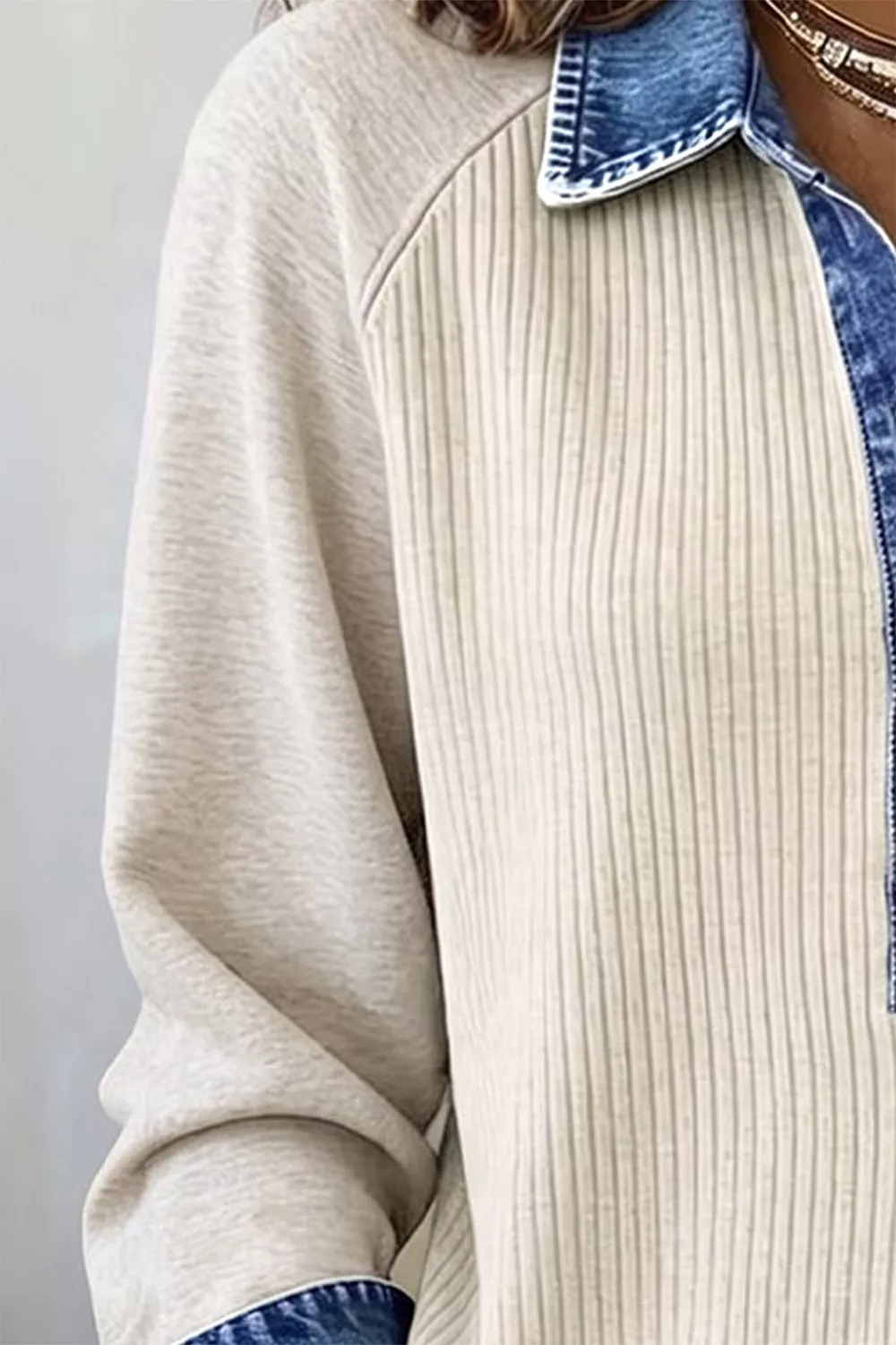 Ribbed Knit Denim Contrast Trim Top, image 3