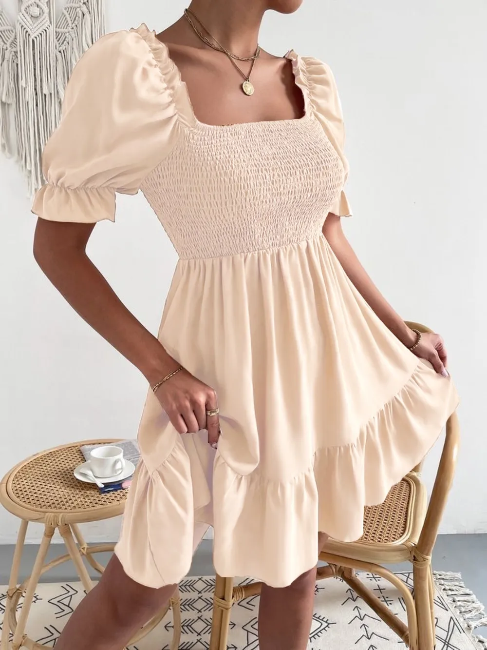 Smocked Square Neck Short Sleeve Dress, image 8