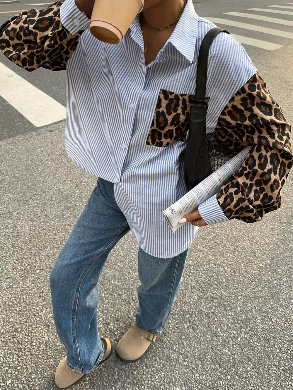 Striped & Leopard Print Button Up Shirt, image 5