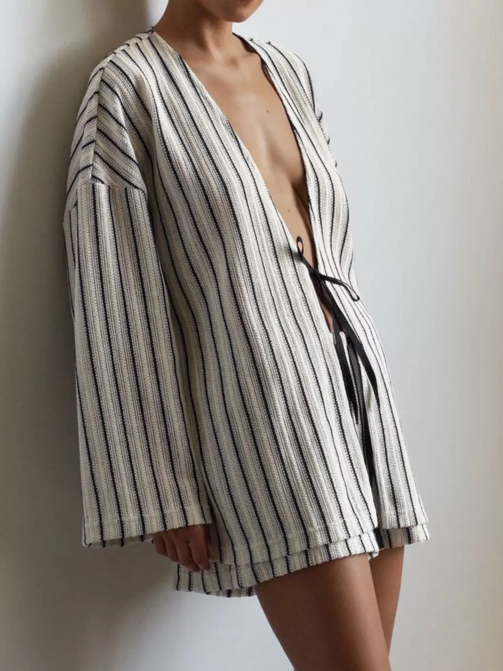 Striped Tie Front Top and Shorts Lounge Set, image 3