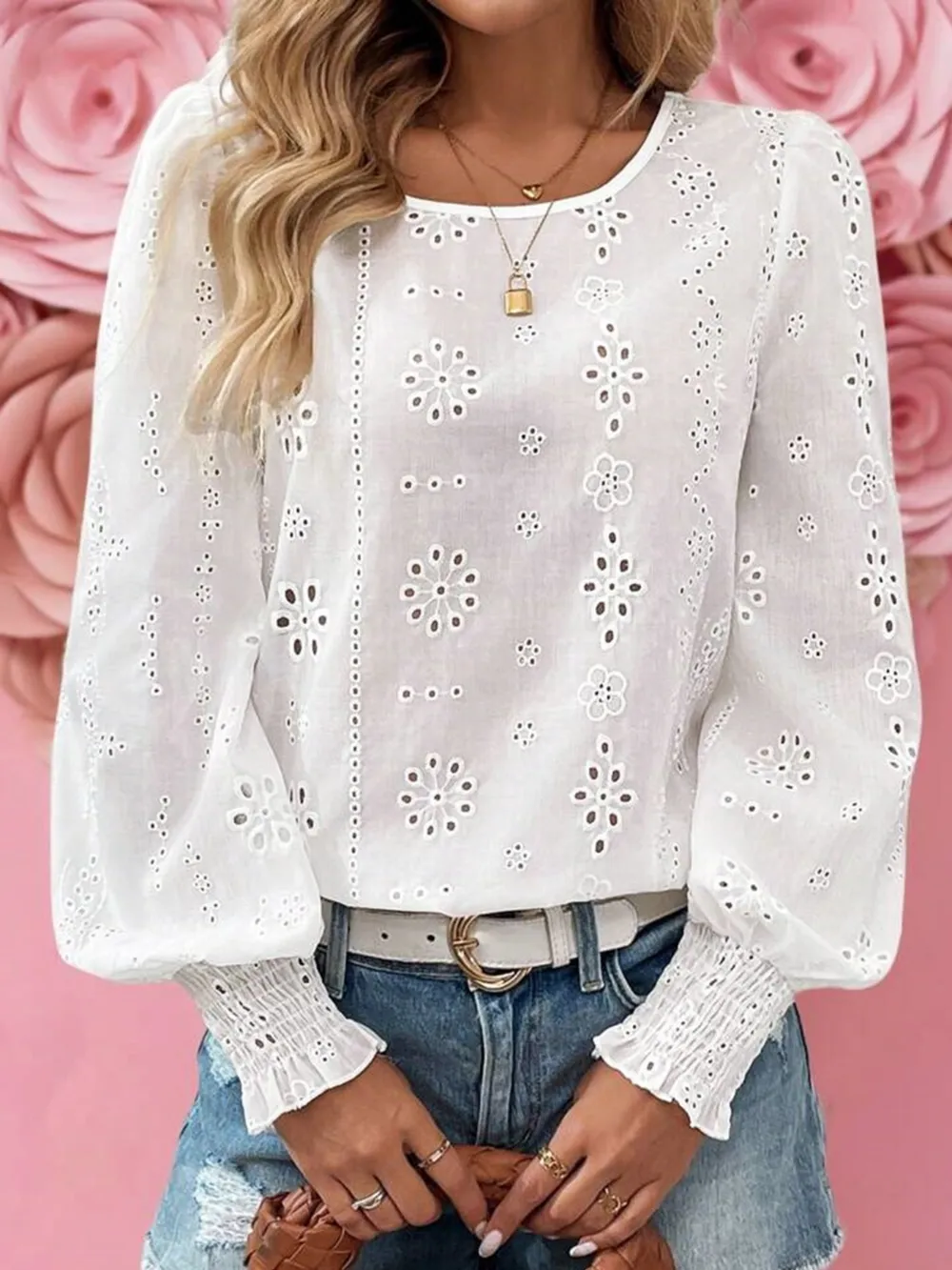 Eyelet Long Sleeve Blouse with Elastic Cuffs, image 8