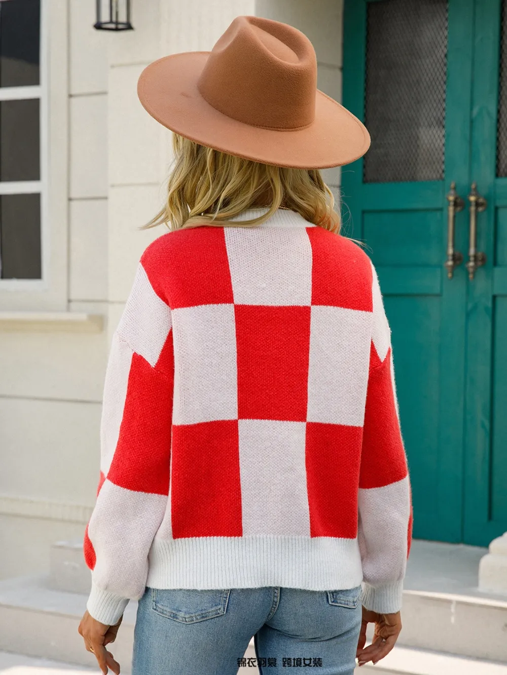 Checkered Round Neck Dropped Shoulder Sweater, image 5