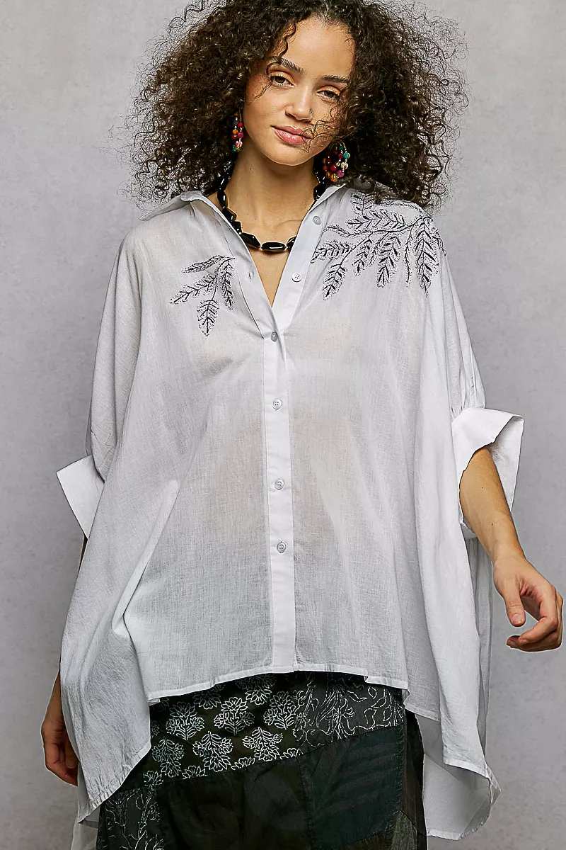 Button Down Embroidered Floral High-Low Hem Shirt, image 4