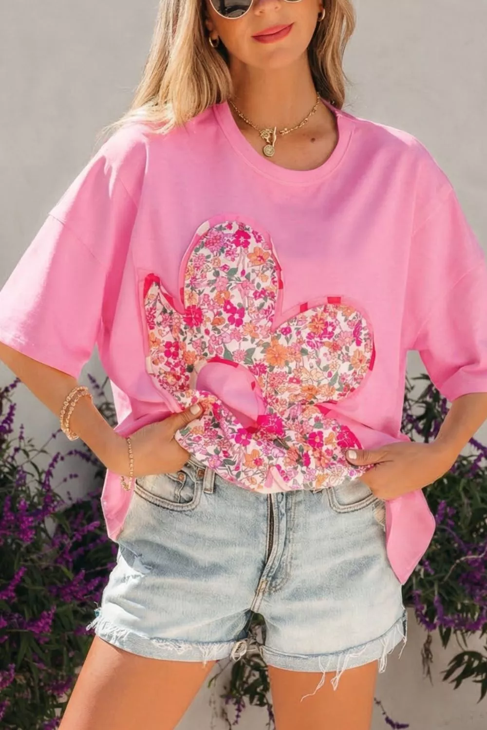 Flower Patched Round Neck Tunic T-Shirt, image 2