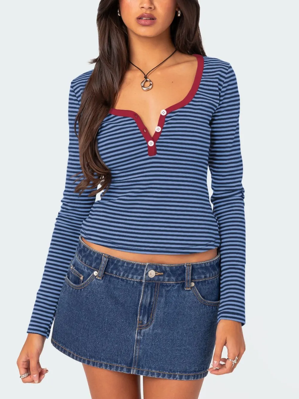 Buttoned Striped Long Sleeve T-Shirt, image 24