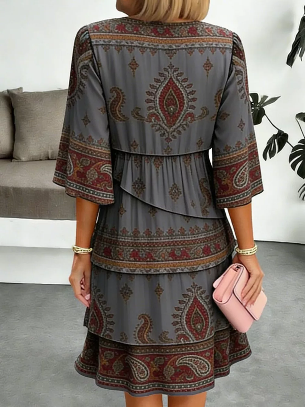 Full Size Paisley Print Layered Ruffle Mini Dress Plus Size, image 11