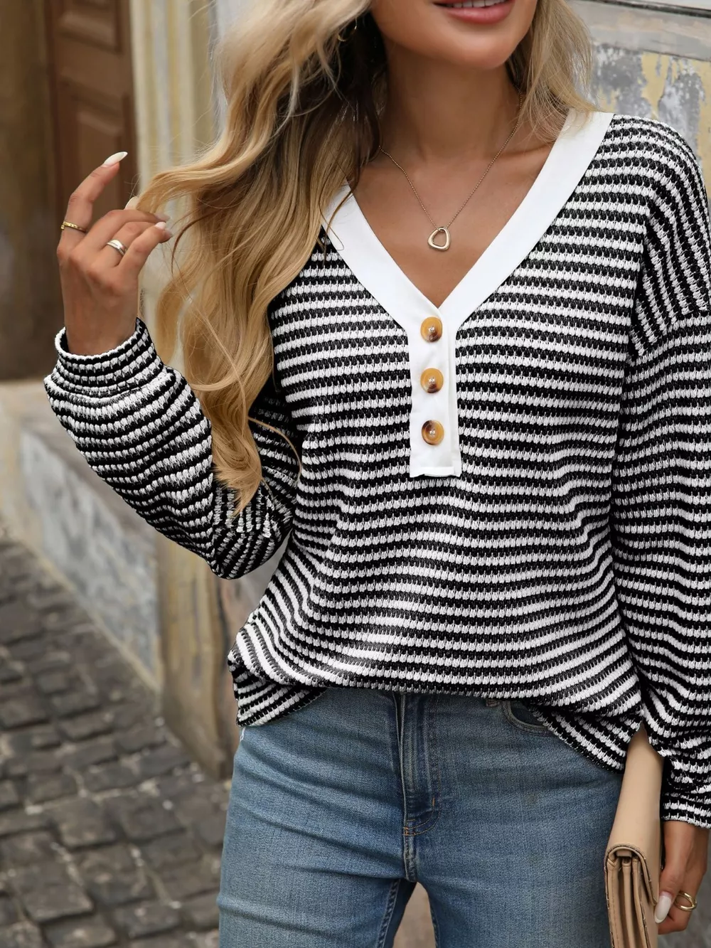 Striped Button Detail Long Sleeve T-Shirt, image 5