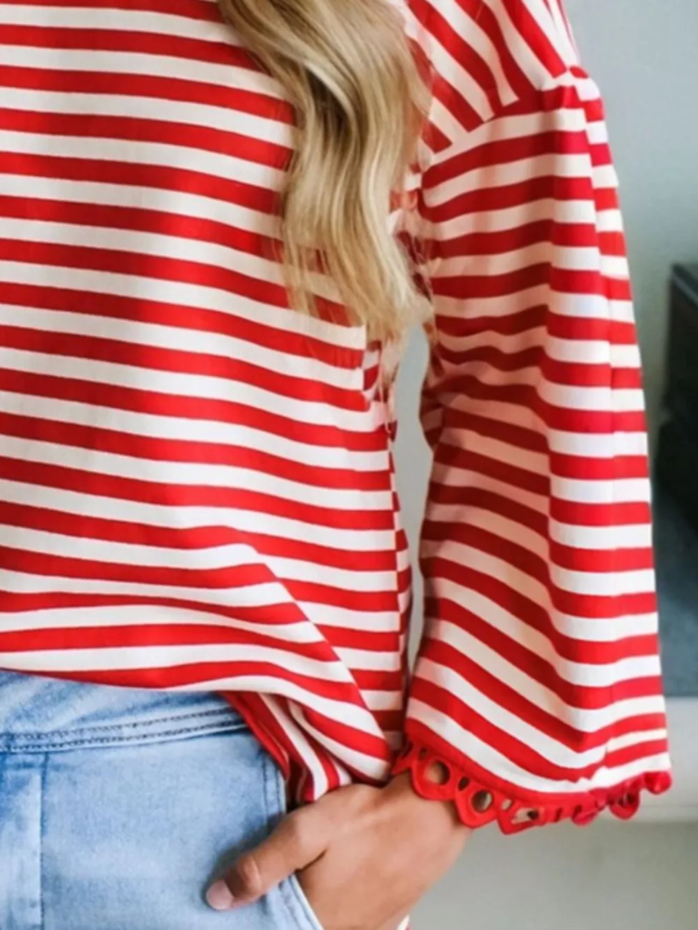 Striped Print Drop Shoulder Lace Trim Loose Top, image 3