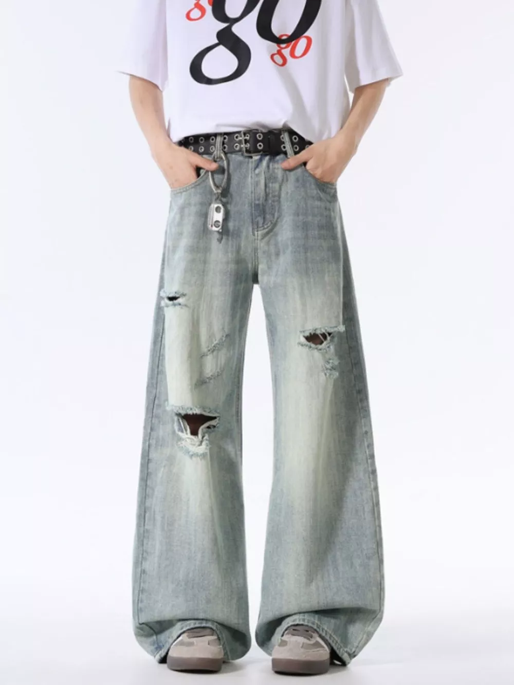 Men's Wash Distressed Wide Leg Jeans, image 5