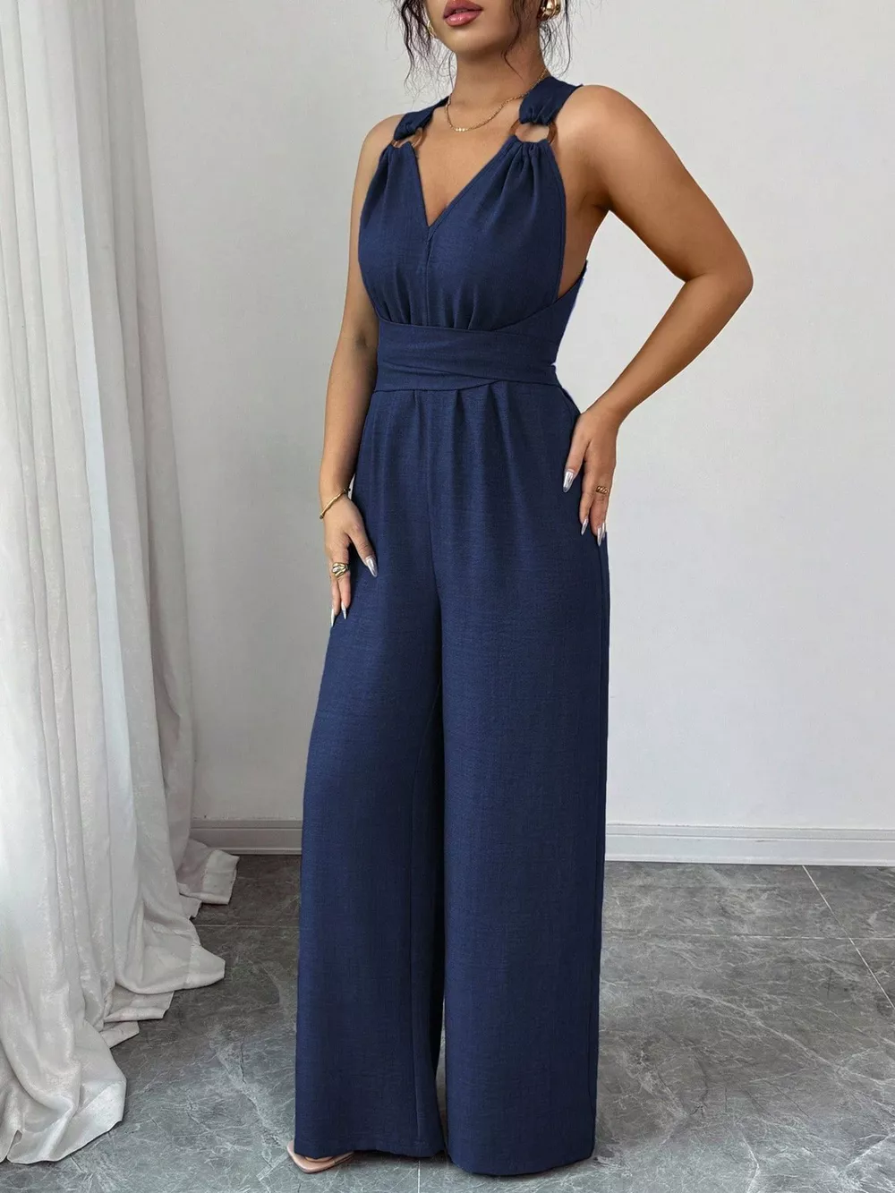Sleeveless V-Neck Wide-Leg Jumpsuit with O-Ring Detail, image 4