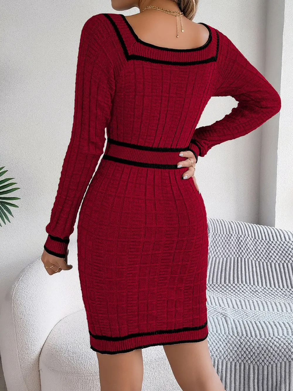 Contrast Trim Long Sleeve Sweater Dress, image 3