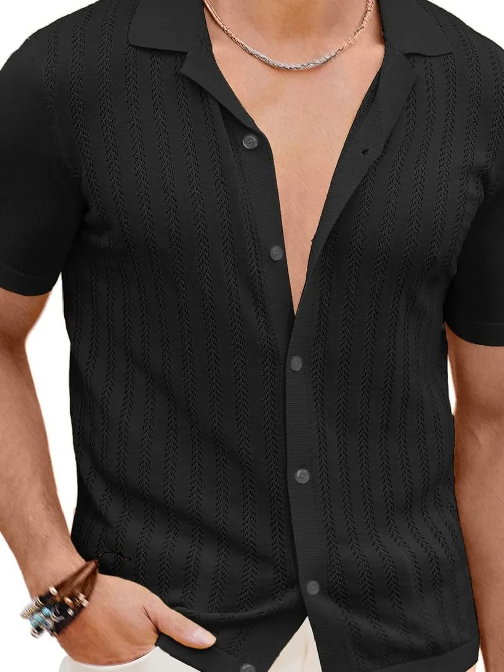 Men's Full Size Openwork Button Down Short Sleeve Shirt Plus Size, image 4