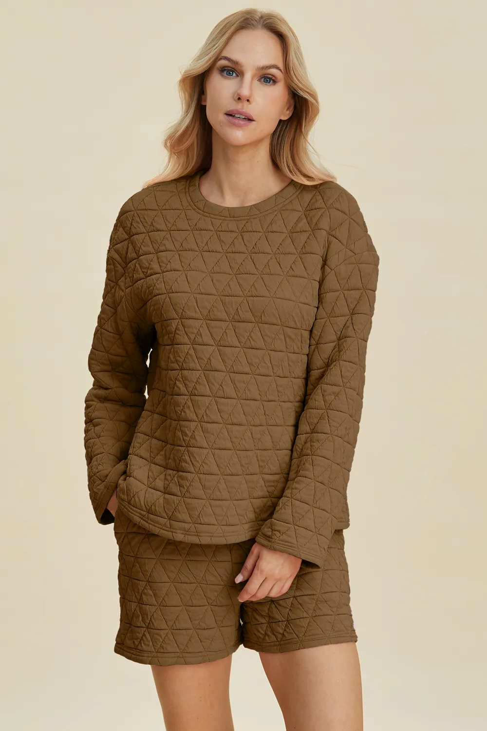 Full Size Texture Round Neck Long Sleeve Top and Shorts Set, image 11