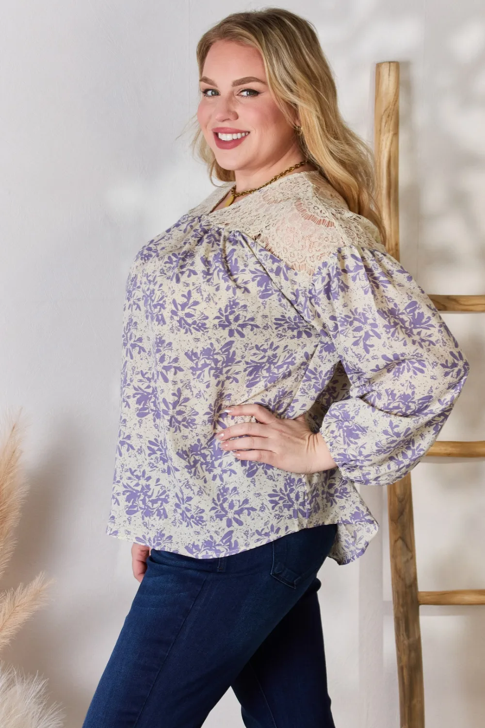 Full Size Lace Detail Printed Blouse, image 7