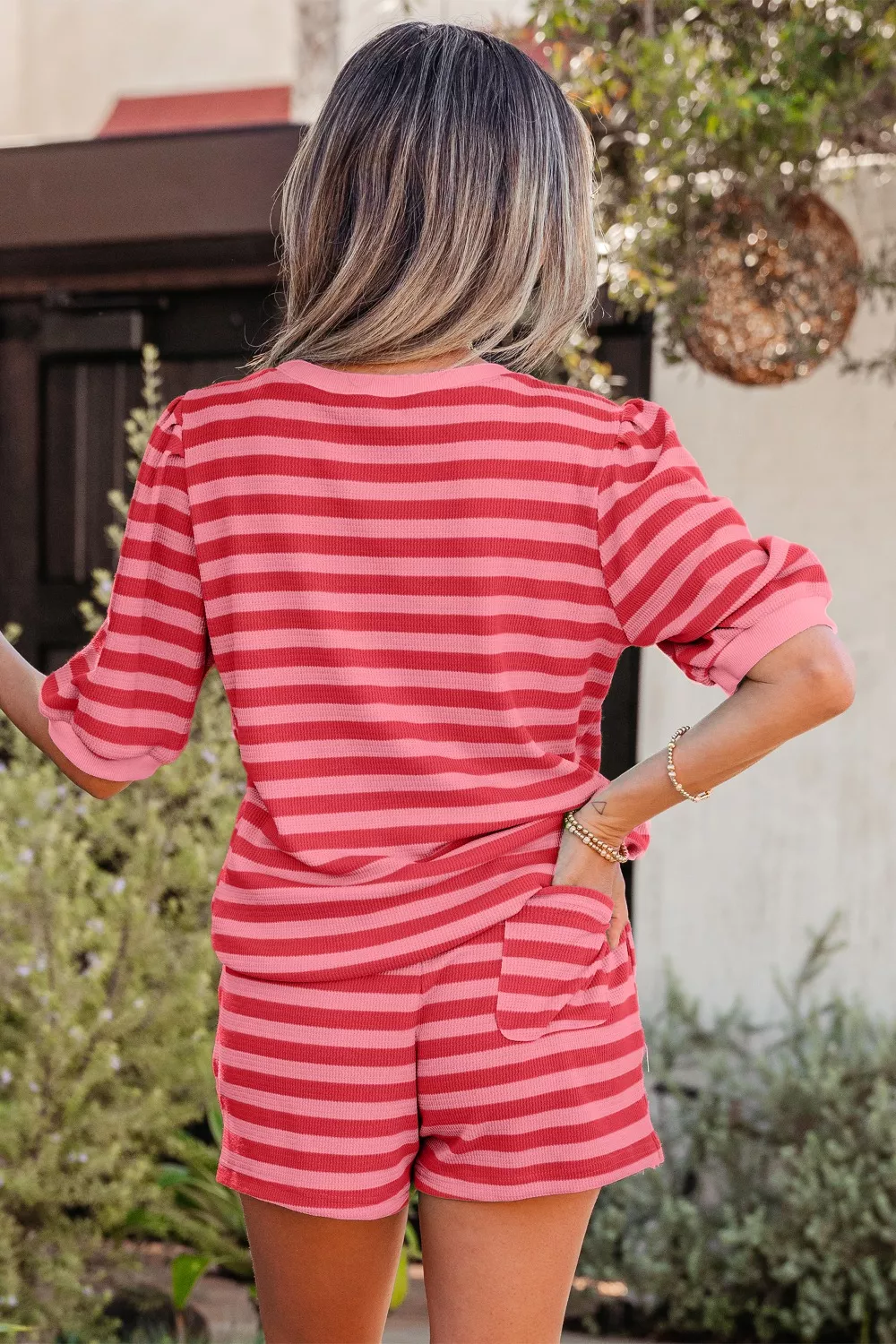 Striped Round Neck Top and Shorts Set, image 6