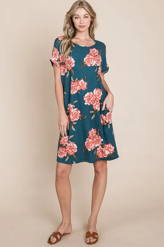 Floral Round Neck Short Tee Dress with Pockets, image 4
