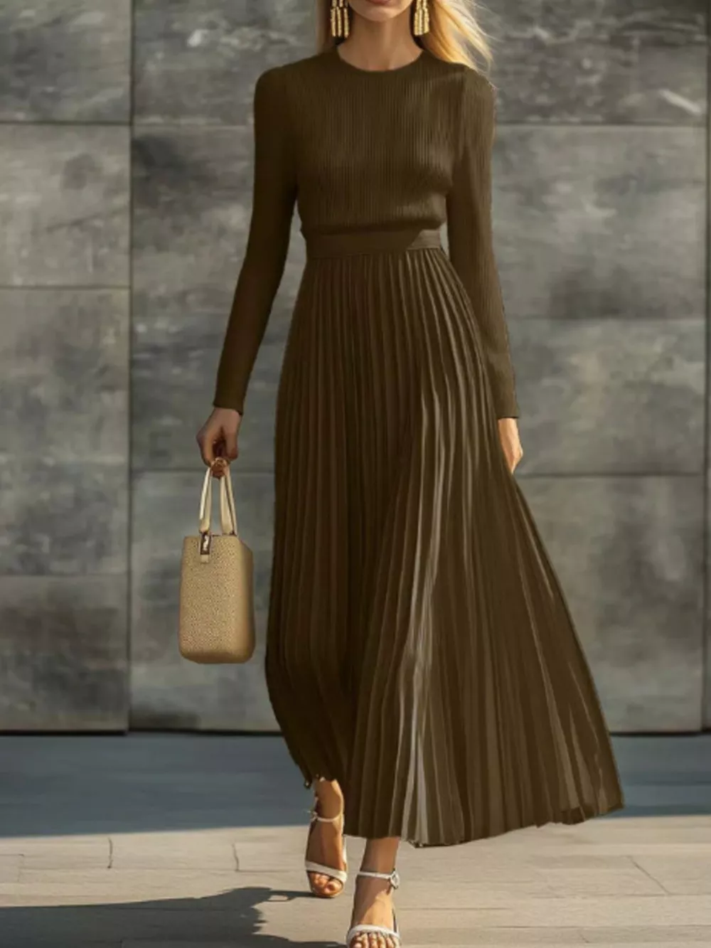 Ribbed Knit Pleated Midi Dress, image 6