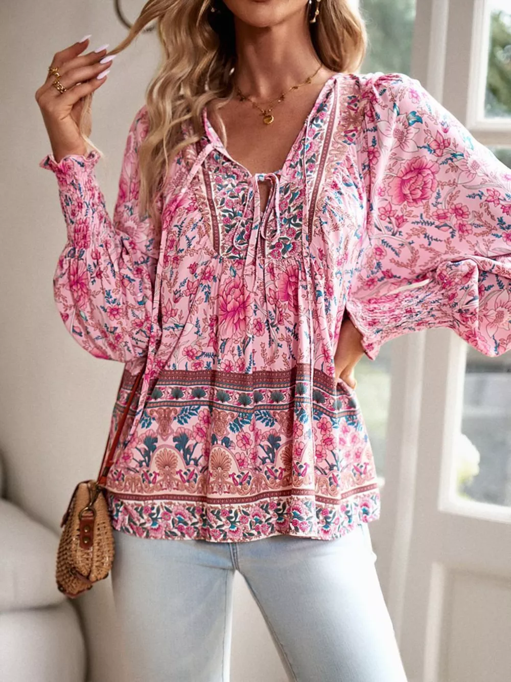 Floral Print Tie Neck Bohemian Blouse, image 13