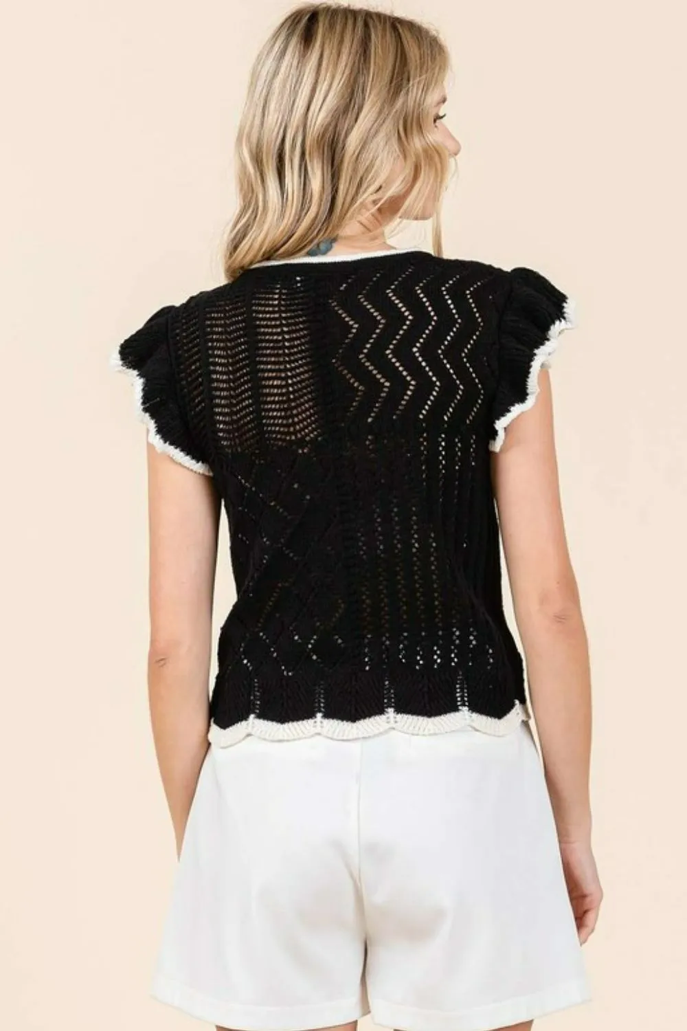 Openwork Contrast Trim Ruffled Cap Sleeve Knit Top, image 2