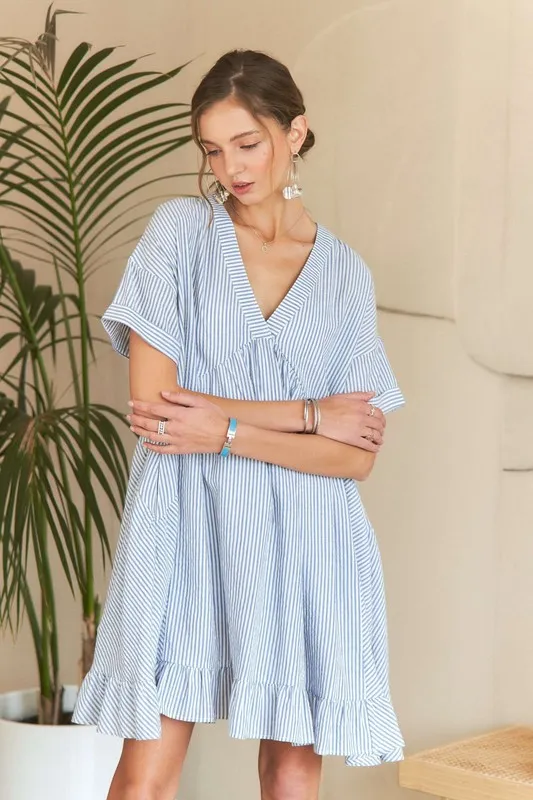 Ruffled Hem Striped V-Neck Babydoll Dress, image 2