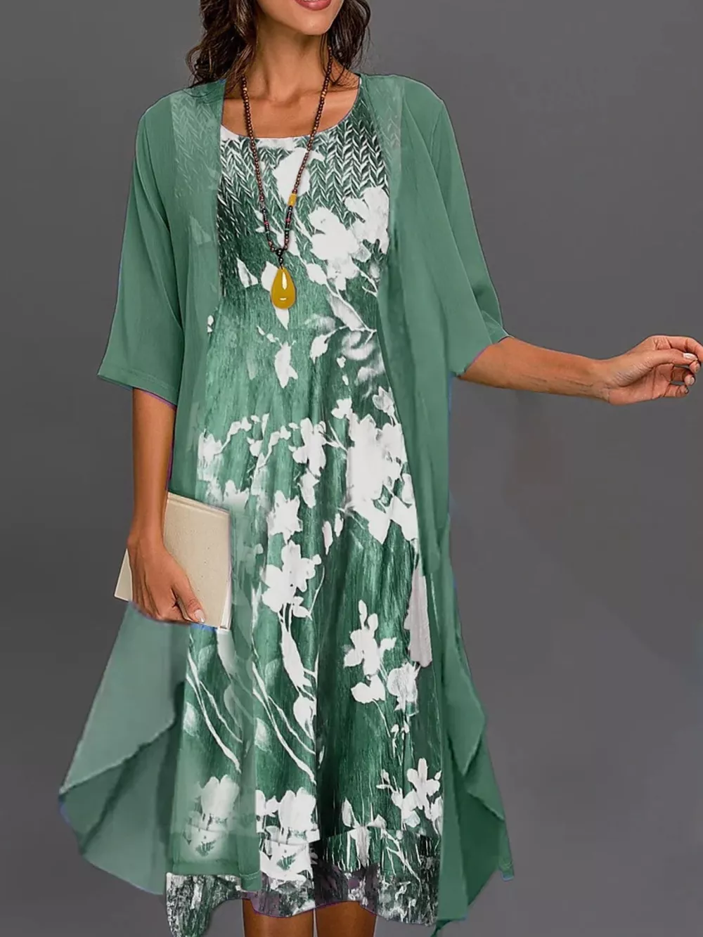 Full Size Floral Print Midi Dress and Chiffon Cardigan Set Plus Size