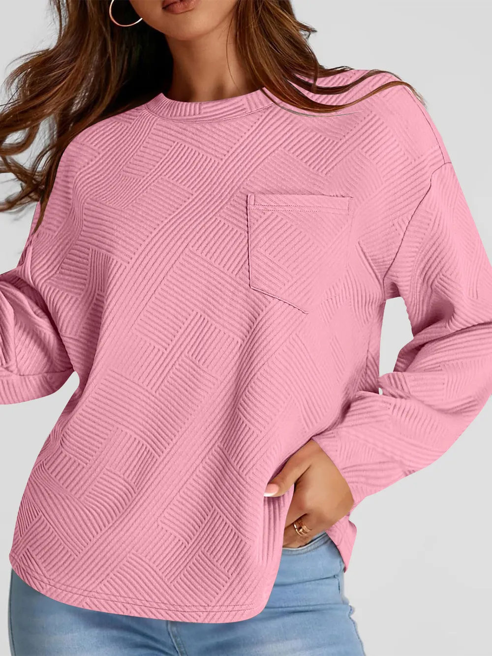 Full Size Texture Round Neck Long Sleeve Sweatshirt, image 16
