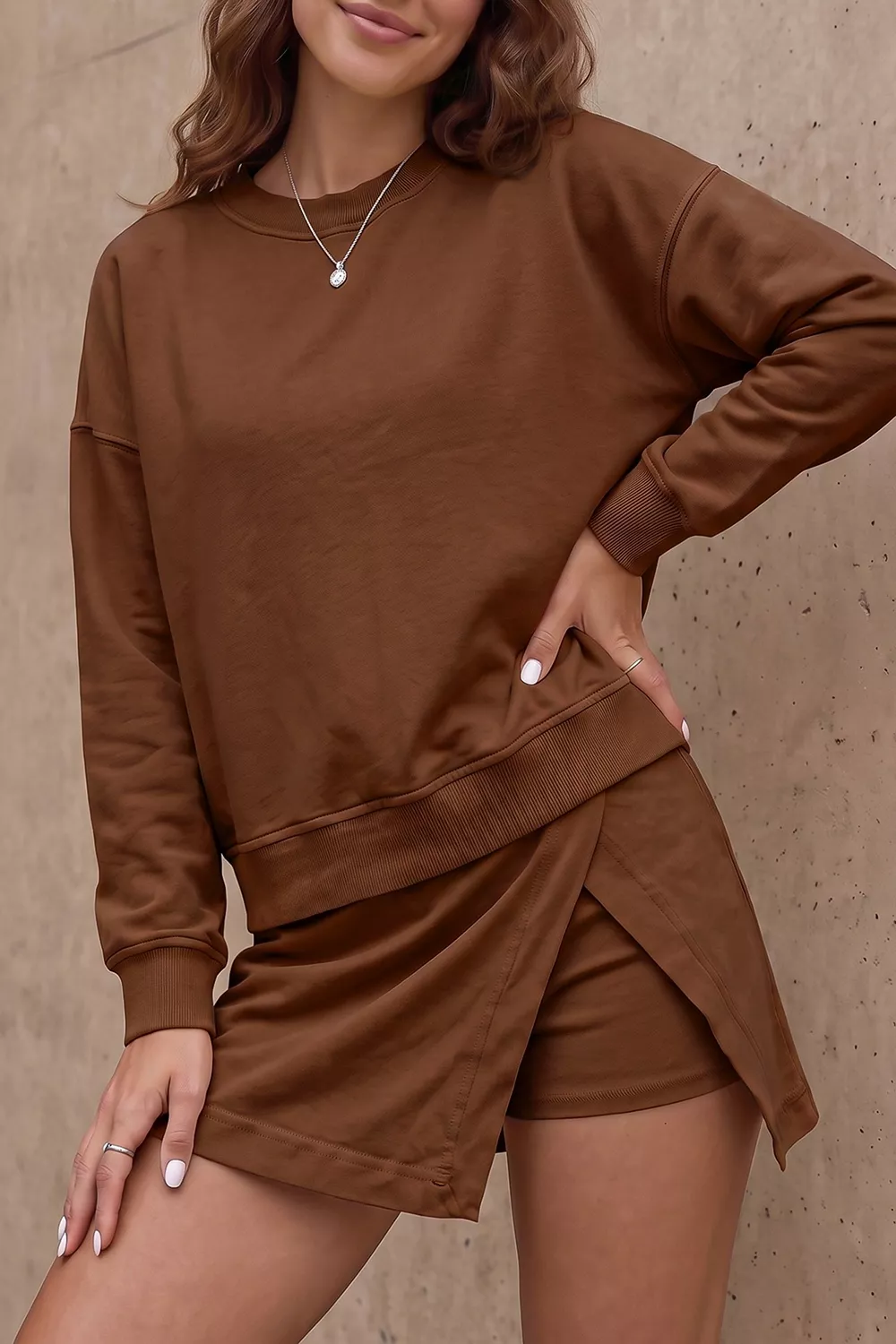 Solid Color Long Sleeve Top Split Skort 2pcs Outfit, image 3