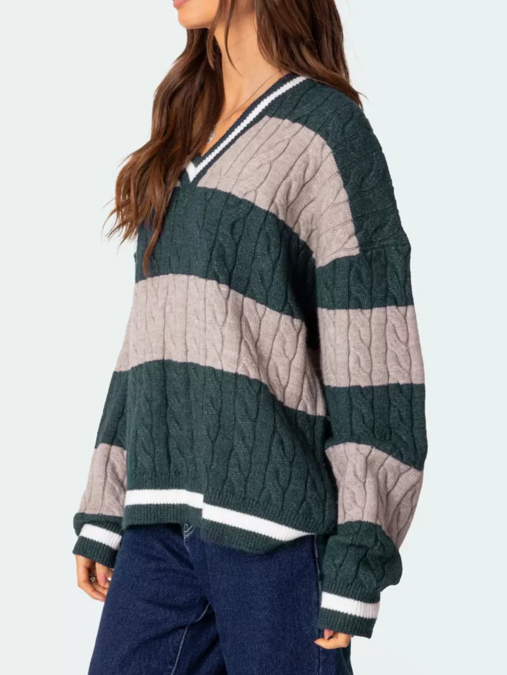 Striped Cable Knit V-Neck Sweater, image 12