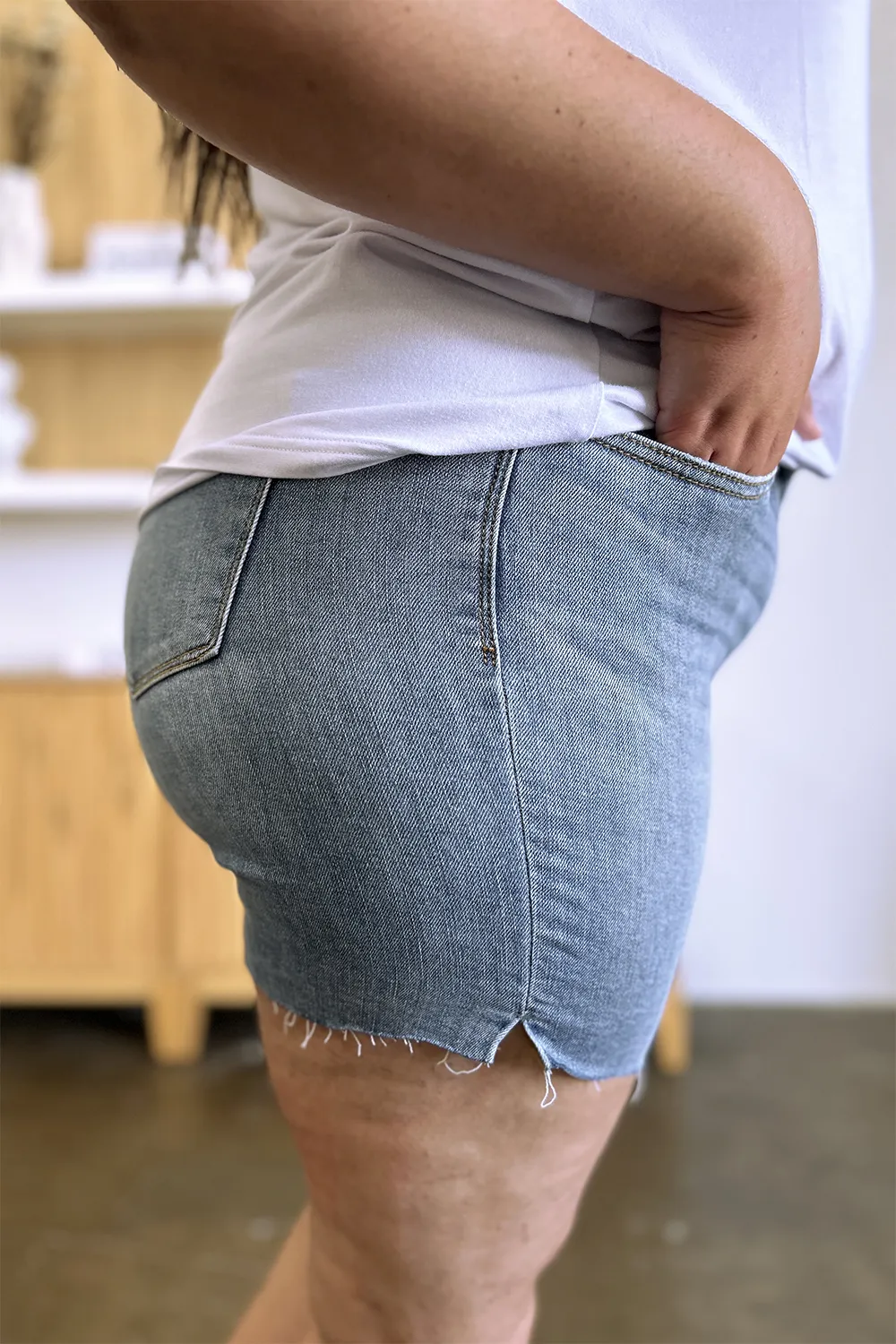 Full Size High Waist Raw Hem Denim Shorts, image 15