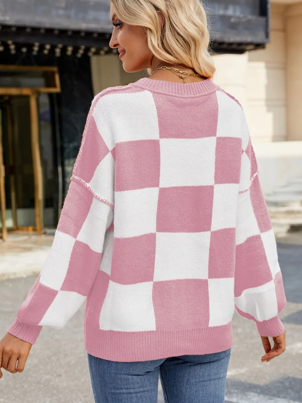 Checkered Round Neck Long Sleeve Sweater, image 14