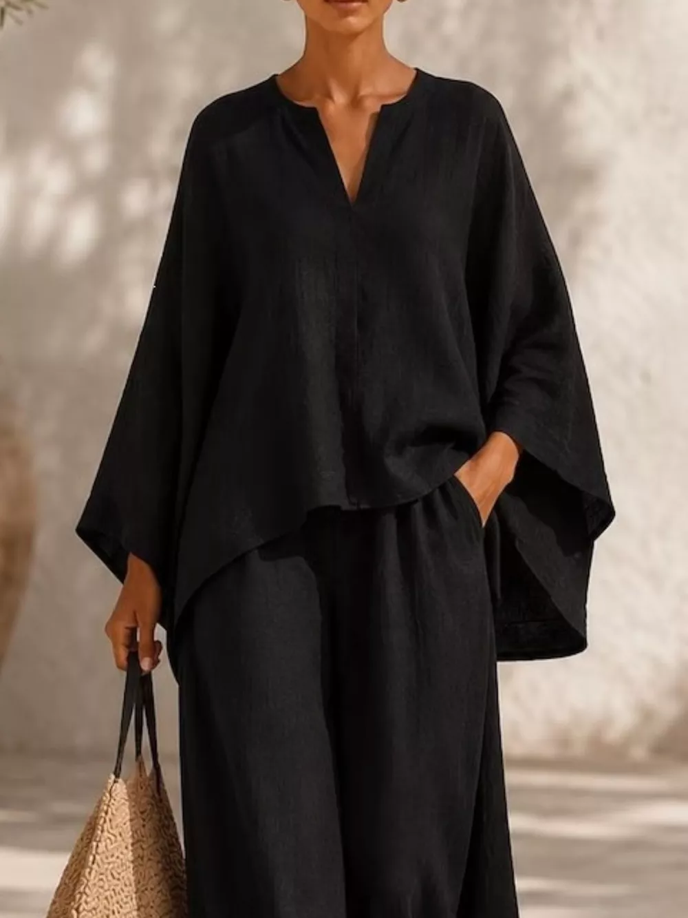 Full Size Notched Long Sleeve Top and Wide-Leg Pants Set Plus Size, image 14