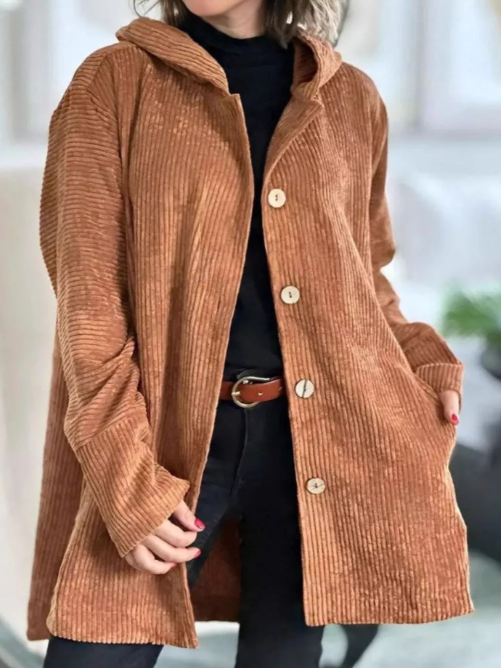 Full Size Corduroy Button Up Hooded Jacket Plus Size, image 8